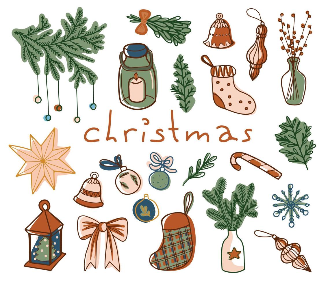 conjunto de símbolos de navidad. colección de medias, velas, estrellas y diversas decoraciones para árboles. dibujado a mano ilustración de vector de estilo doodle