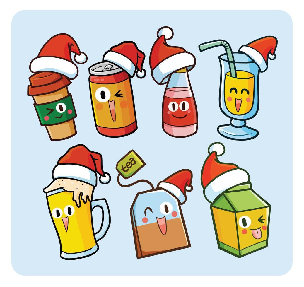 Cute and funny beverages wearing Santa's hat for christmas - vector