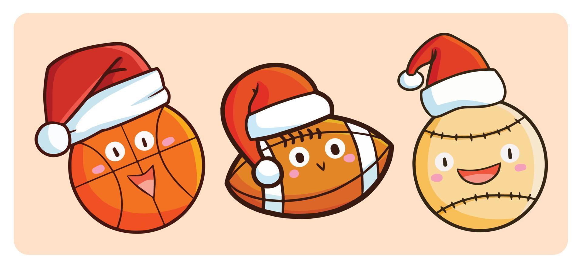 Divertido y lindo personaje de tres pelotas deportivas con gorro de Papá Noel para la celebración navideña vector