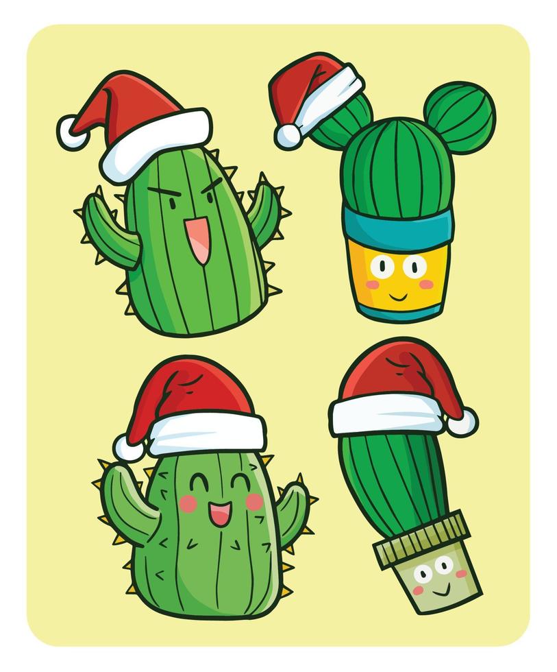 divertido y lindo personaje de cactus con sombrero de santa para navidad vector