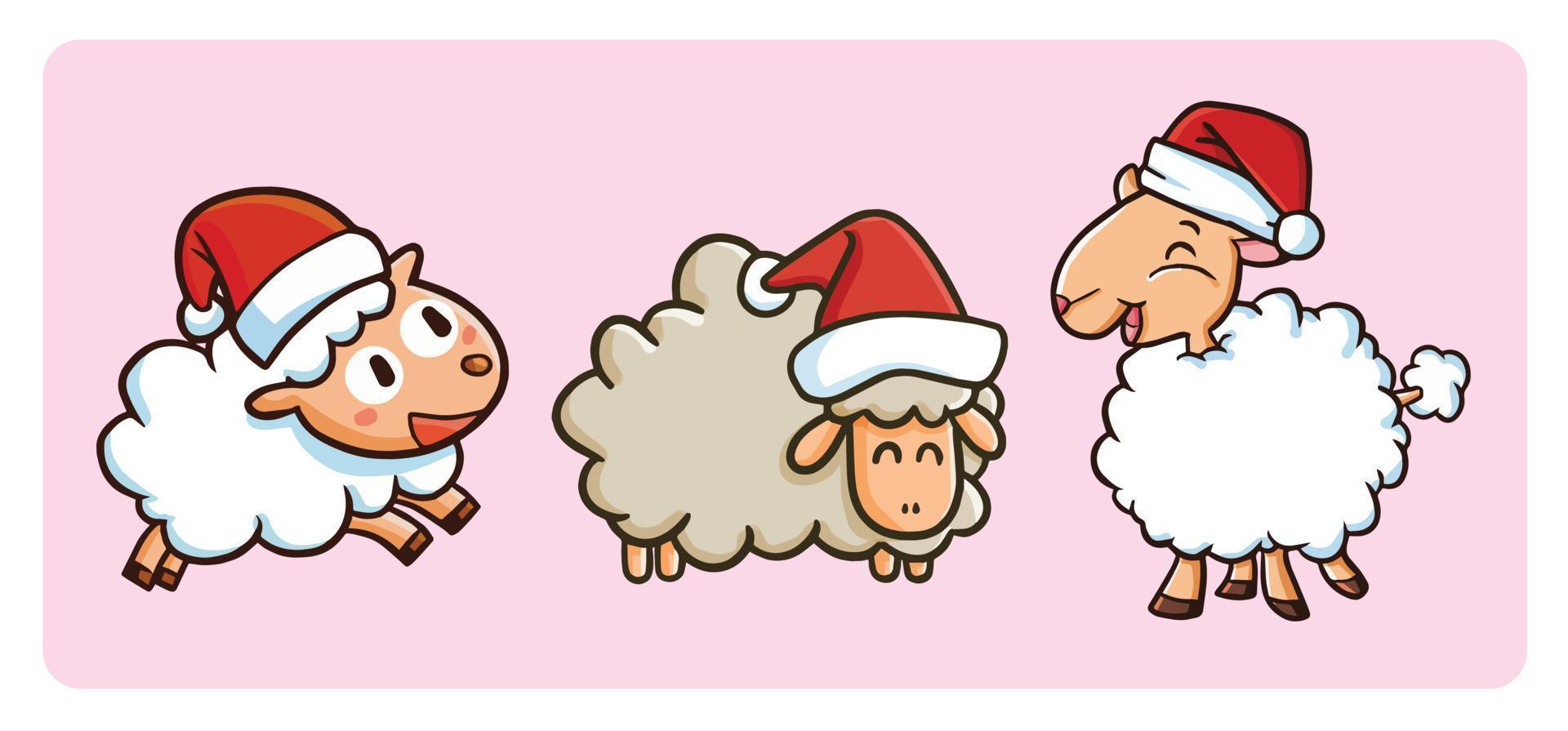 Funny and cute sheeps wearing Santa's hat for Christmas celebration vector