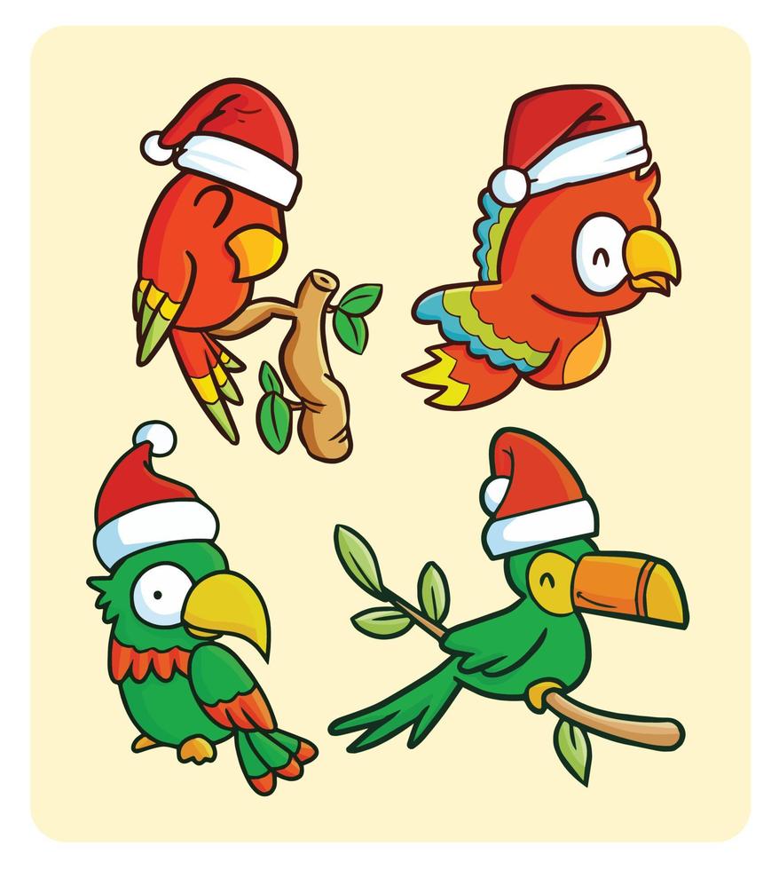 loros divertidos con gorro de Papá Noel para Navidad vector