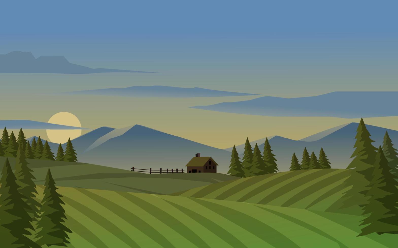 ilustración de la puesta del sol de la granja del campo con la montaña vector