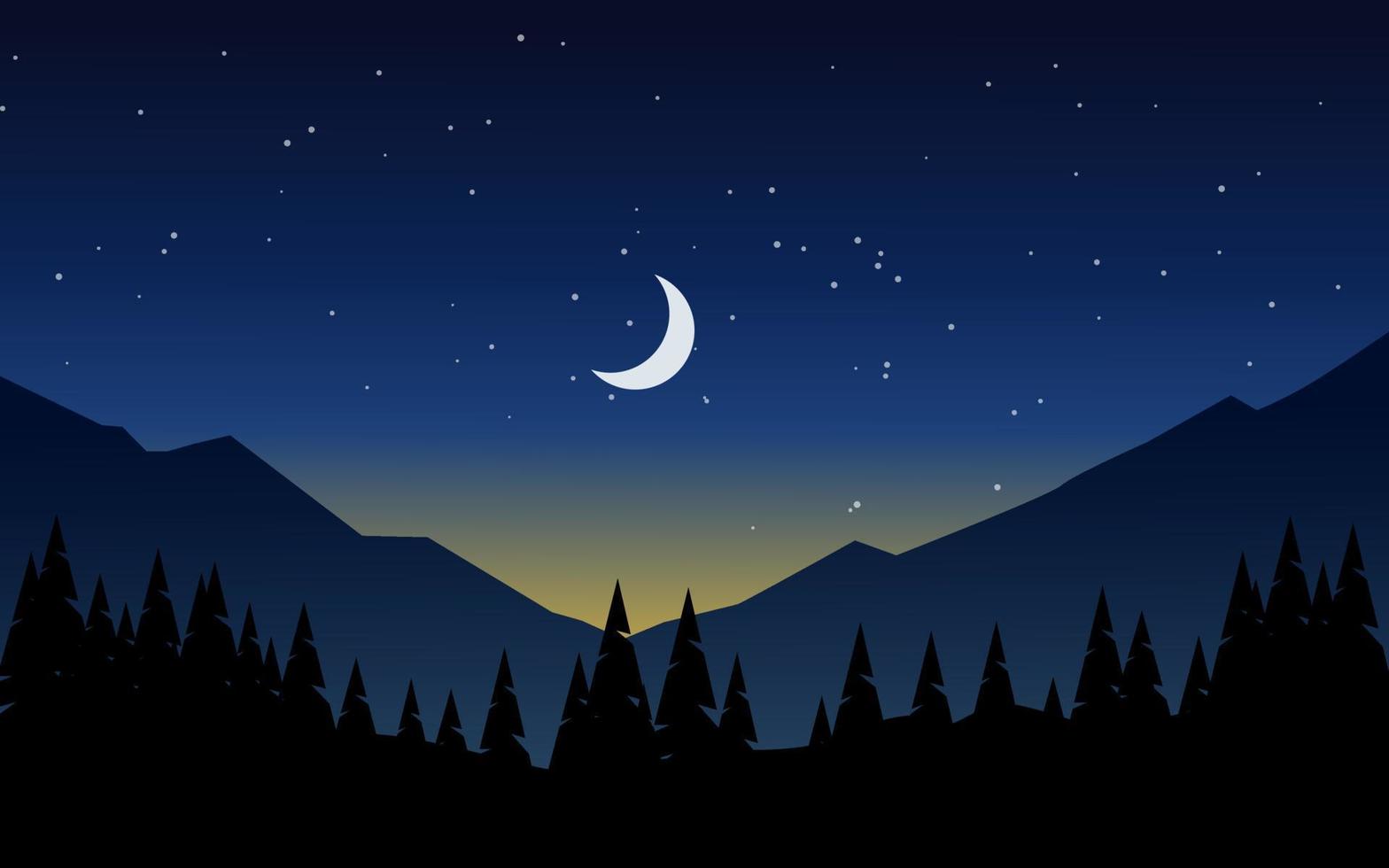 paisaje de bosque nocturno de montaña con luna y estrellas vector