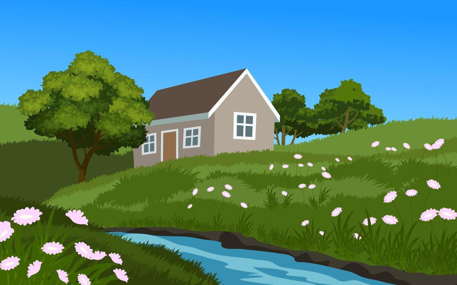 Beautiful countryside landscape illustration with a house near by river vector