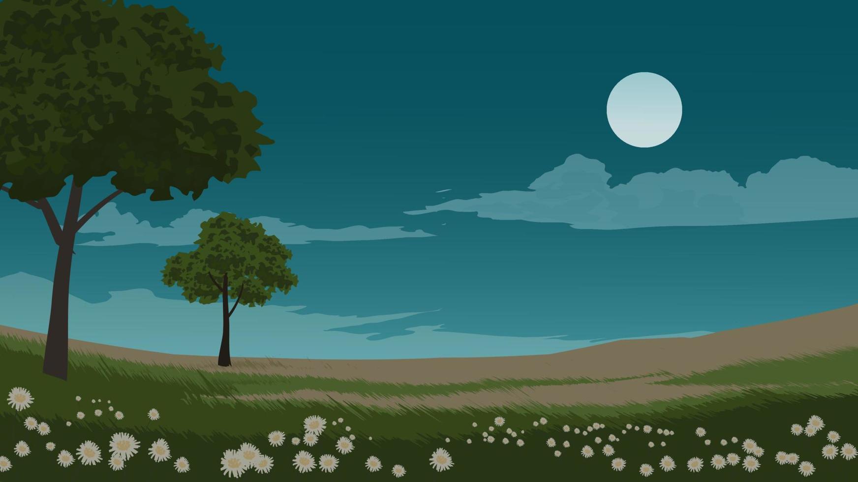 paisaje de pradera en la noche con luna llena, nubes, árboles y flores vector