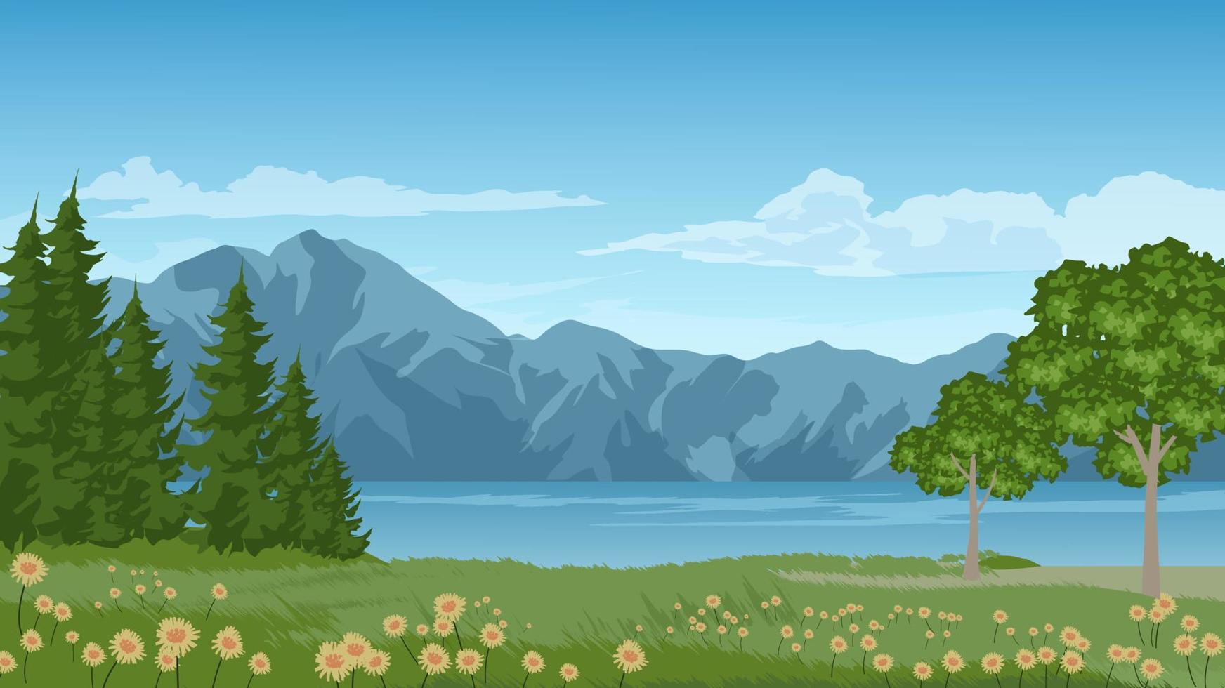 paisaje con montaña, lago, árboles en pastizales con flores vector