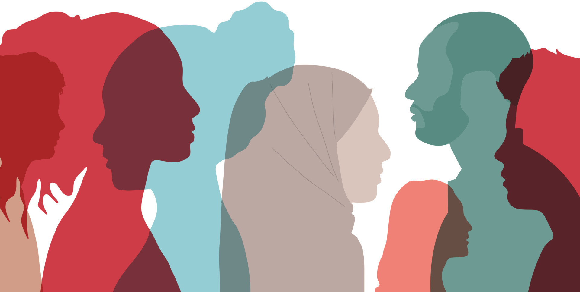 Women and male silhouette profile group from various cultures. Vector
