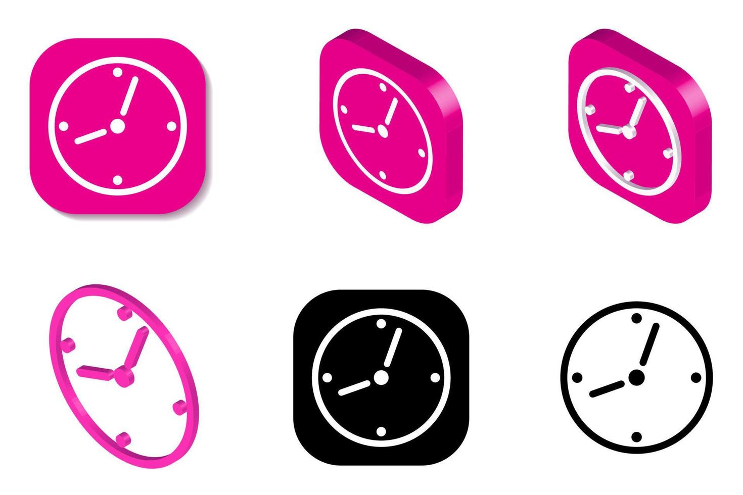 Clock icon illustration. Isometric, 3D rendering and flat illustrations, black, white and pink colors isolated on white background. vector
