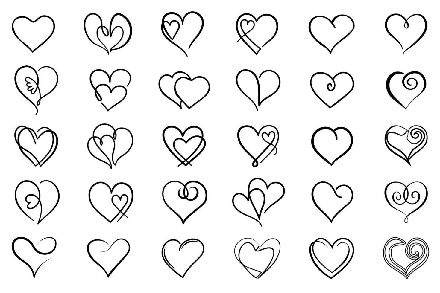 Outline hearts set. Black outline heart silhouettes collection. Line art hearts illustration. vector