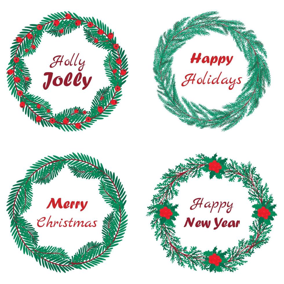 Christmas wreath with berries and cones, fir branches, holly, juniper and inscriptions. Round frame for winter design. vector