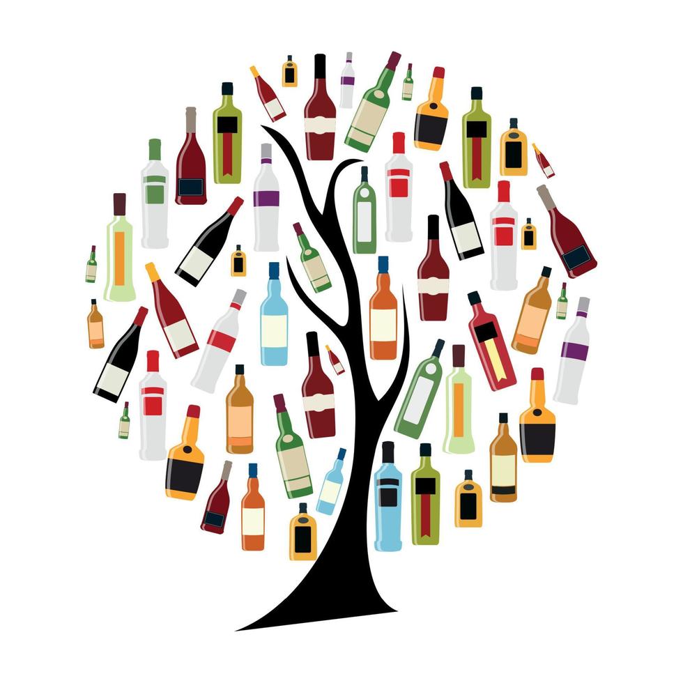 Ilustración vectorial de silueta de botella de alcohol en concepto de árbol vector