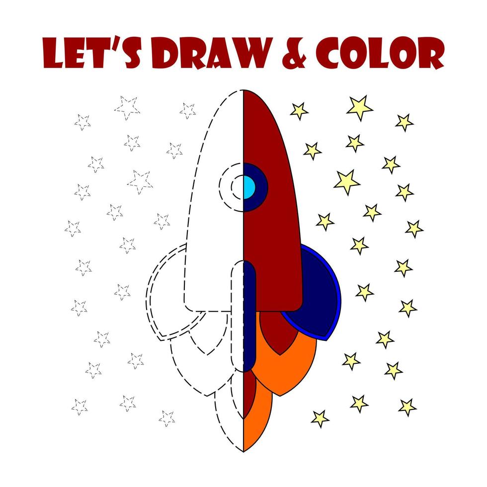 Drawing and coloring page rocket for kid vector