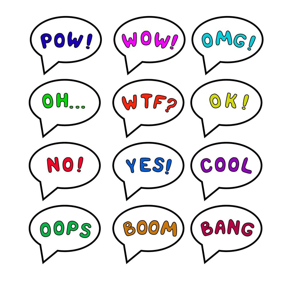 Vector illustration. Comic sound set isolated. Pow, wow, omg, oh, wtf, ok, no, yes, cool, oops, boom, bang lettering.