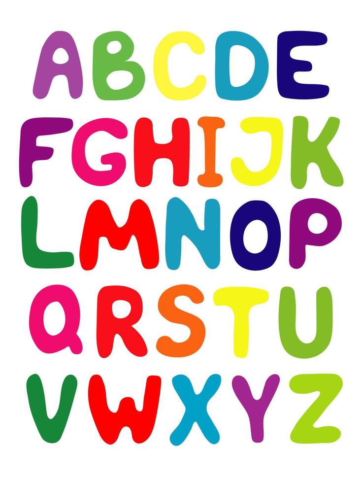 Vector illustration. English hand-drawn colored alphabet.