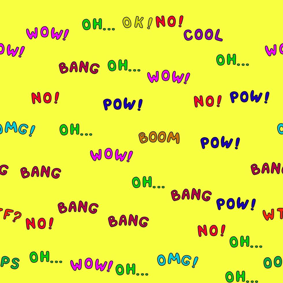 ilustración vectorial. pow, wow, omg, oh, wtf, ok, no, sí, genial, oops, boom, bang letras de patrones sin fisuras. vector