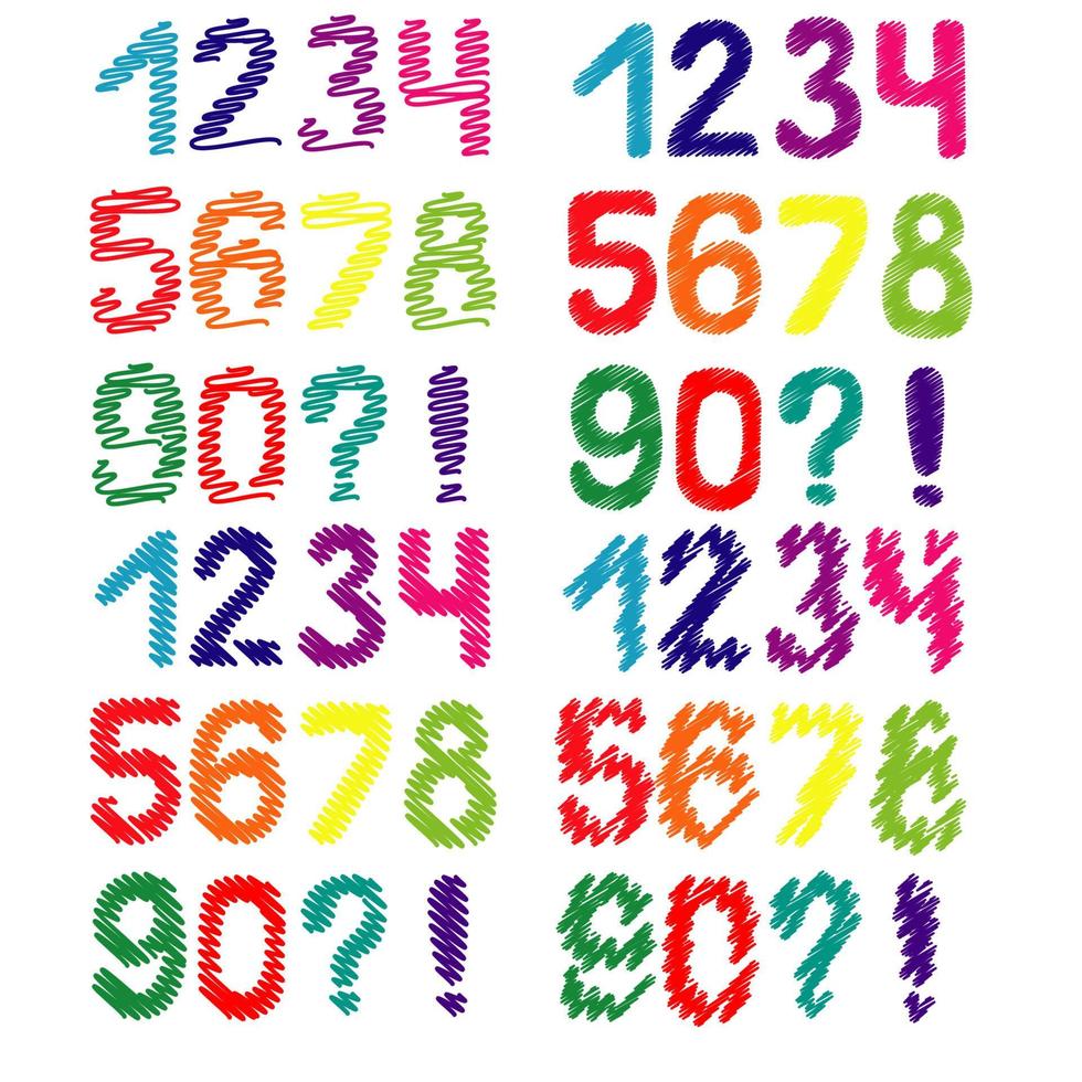 Vector illustration. Set of colorful hand-drawn numbers from zero to nine.