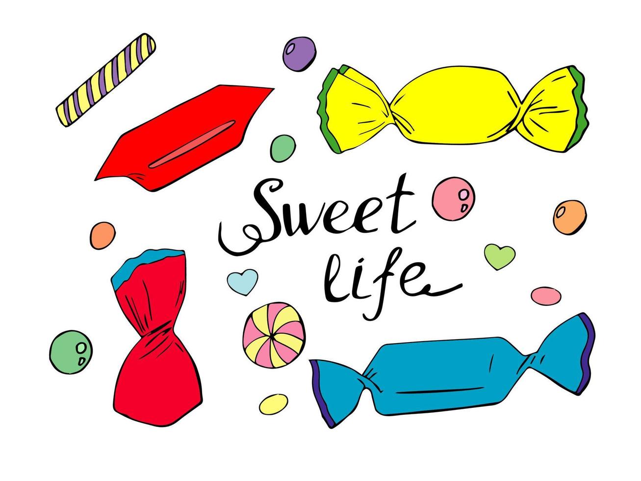 Candy doodle sketch set. Sweet life lettering. Vector illustration.