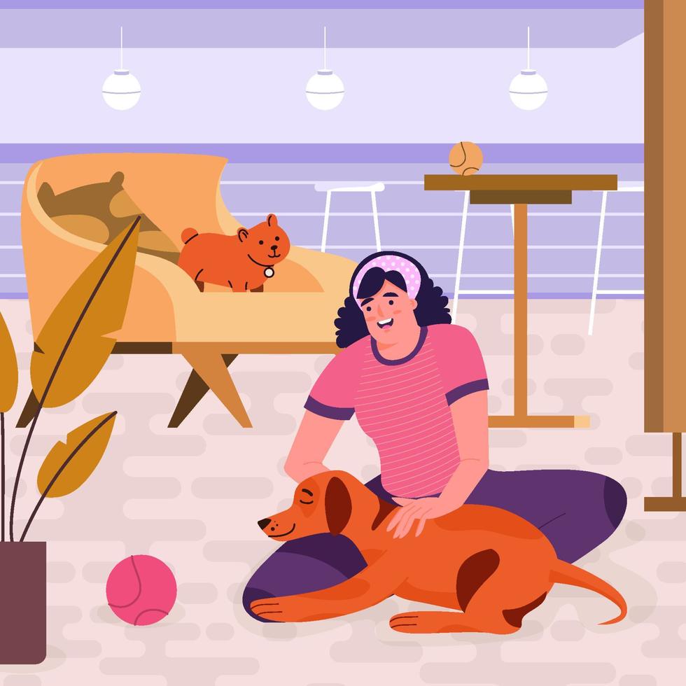 Mujer consolar a su perro en su regazo concepto vector