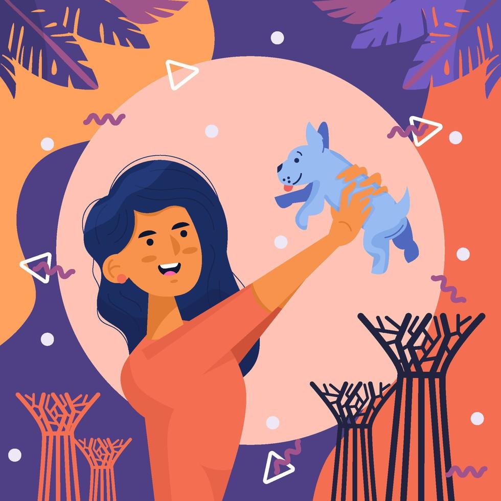 Woman Lift Up Her Puppy Concept vector