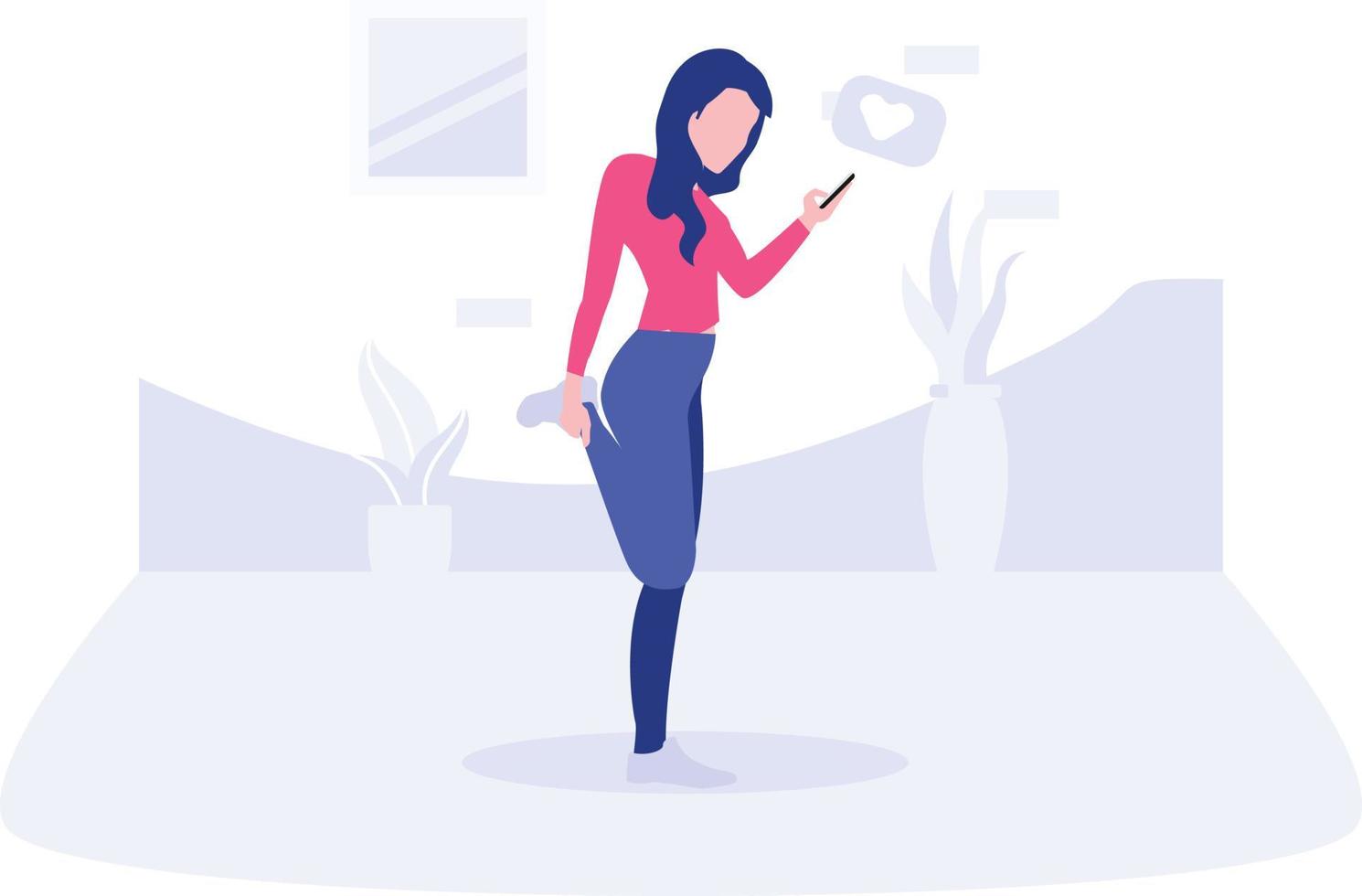 A girl doing stretching and using phone. vector