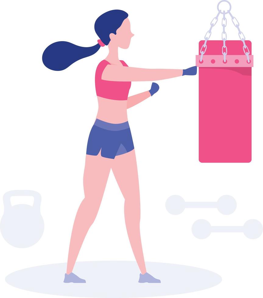 una niña practica con saco de boxeo para fitness. vector