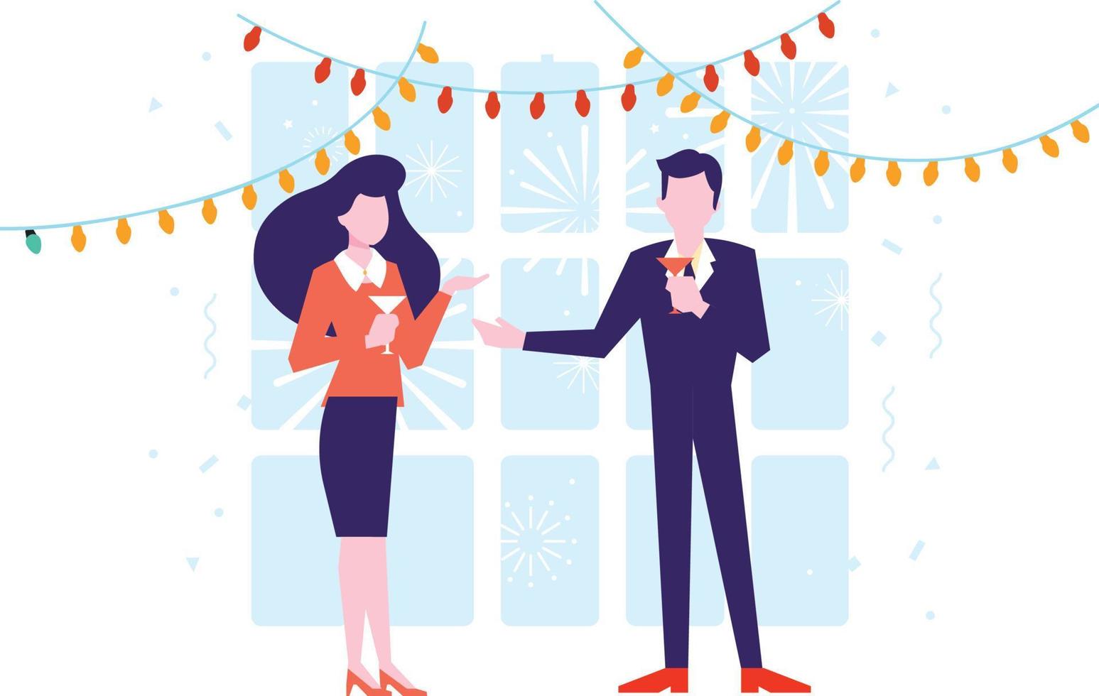 la pareja da la bienvenida al nuevo año con decoración y vítores. vector