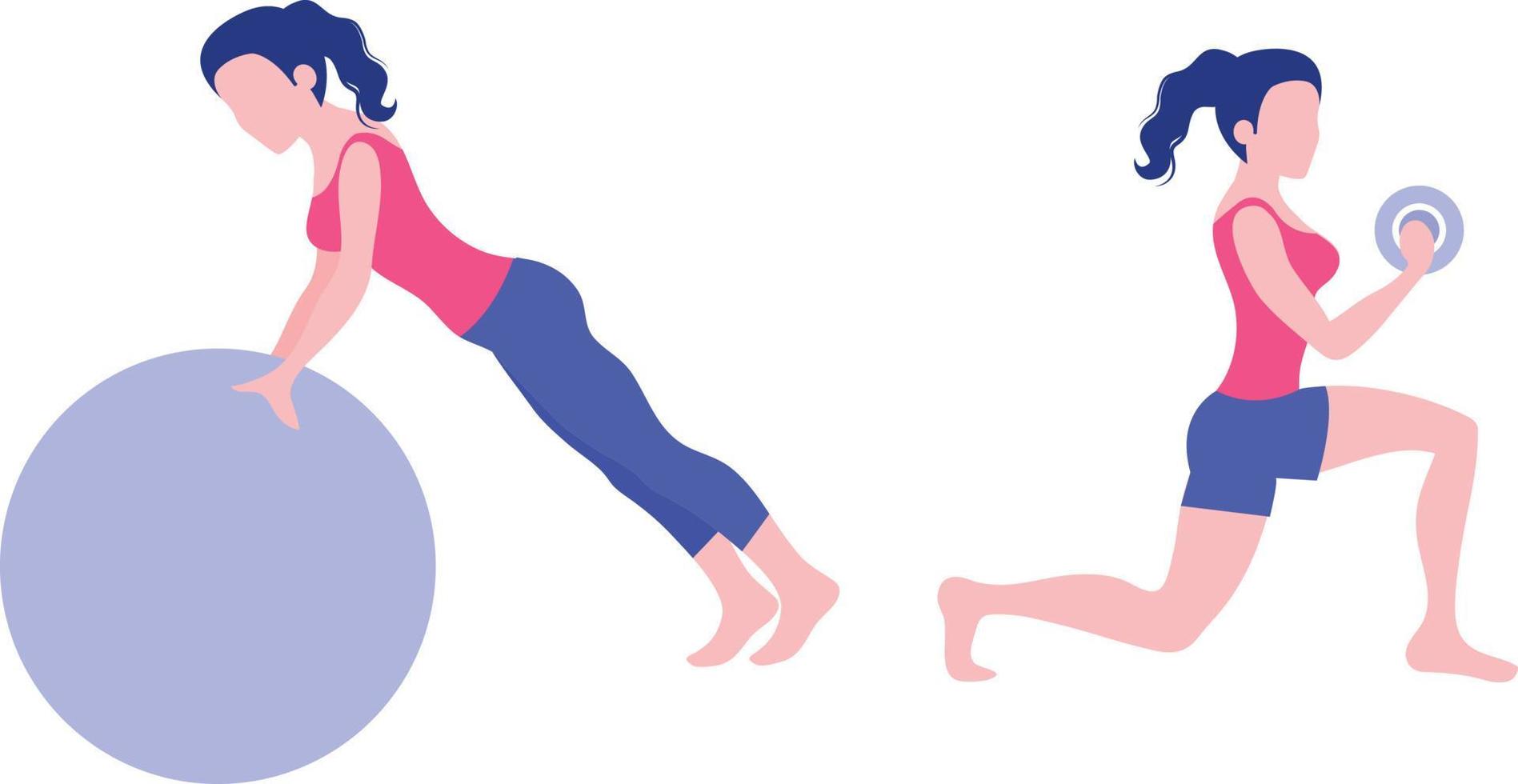 Two girls doing exercise ,one with dumbbell and the other with stretching ball. vector