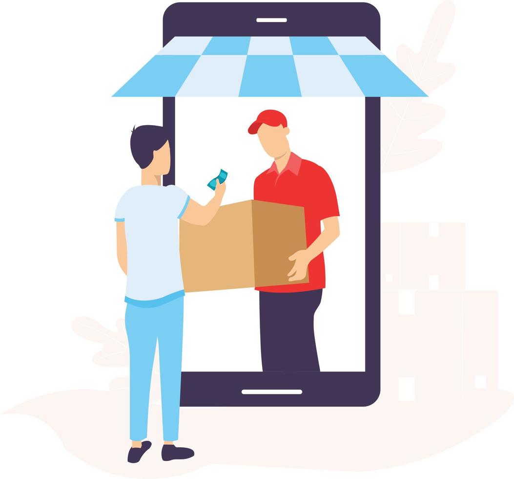man holding the cash taking the parcel of online delivery on mobile phone. vector