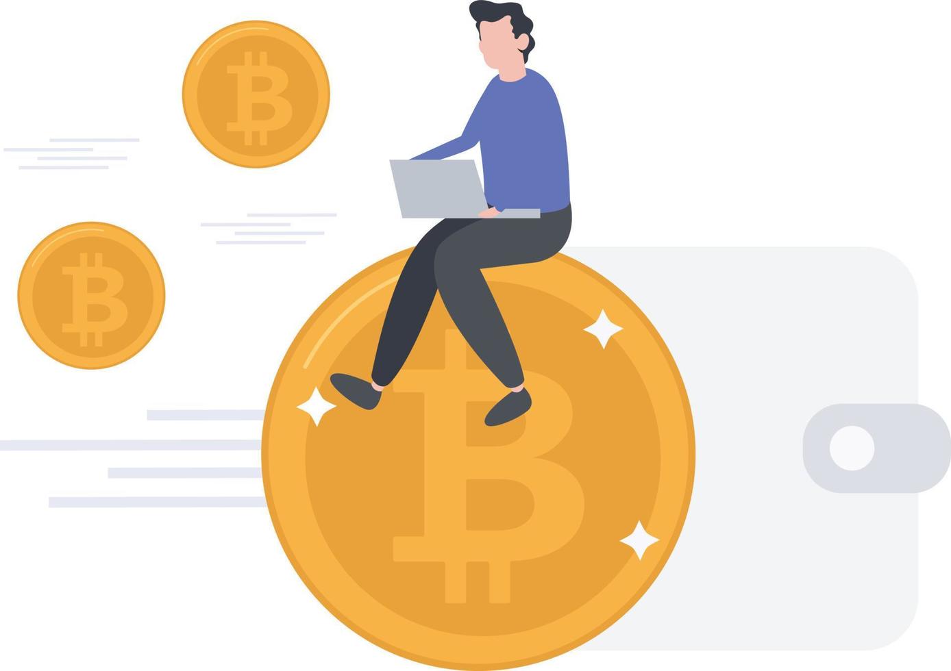 A boy sitting on a bitcoin and working on laptop. vector