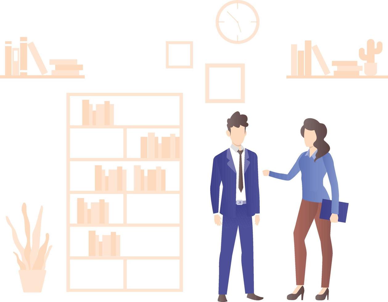 Male and female employee standing near file shelf. vector