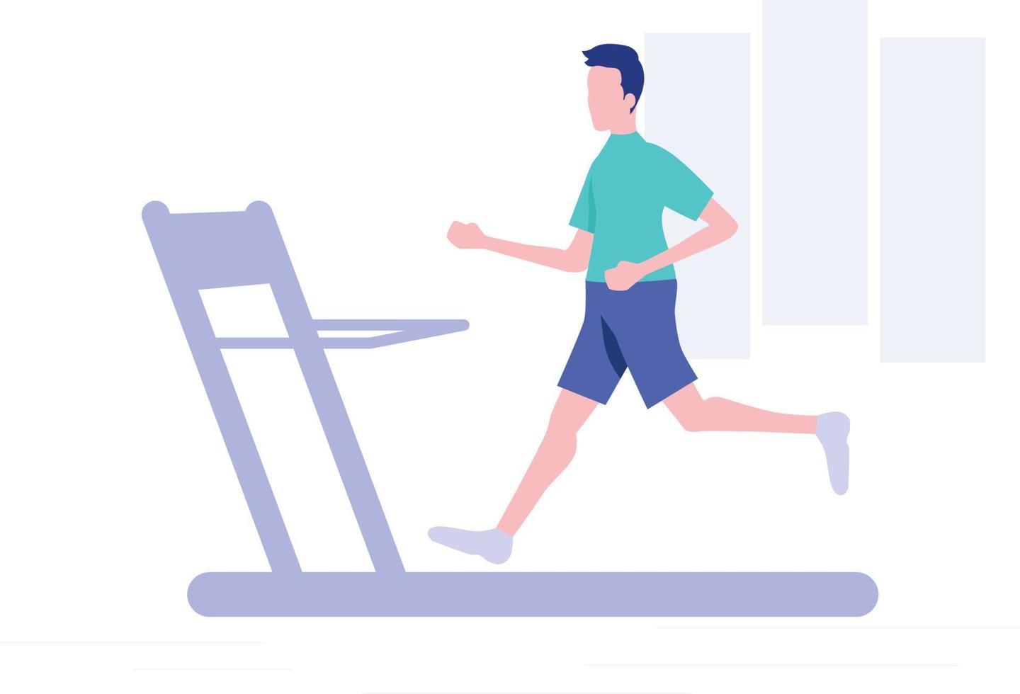 A boy running on treadmill for fitness. vector