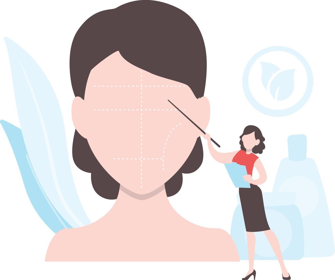 A female marking the lines on another girl face in a salon. vector