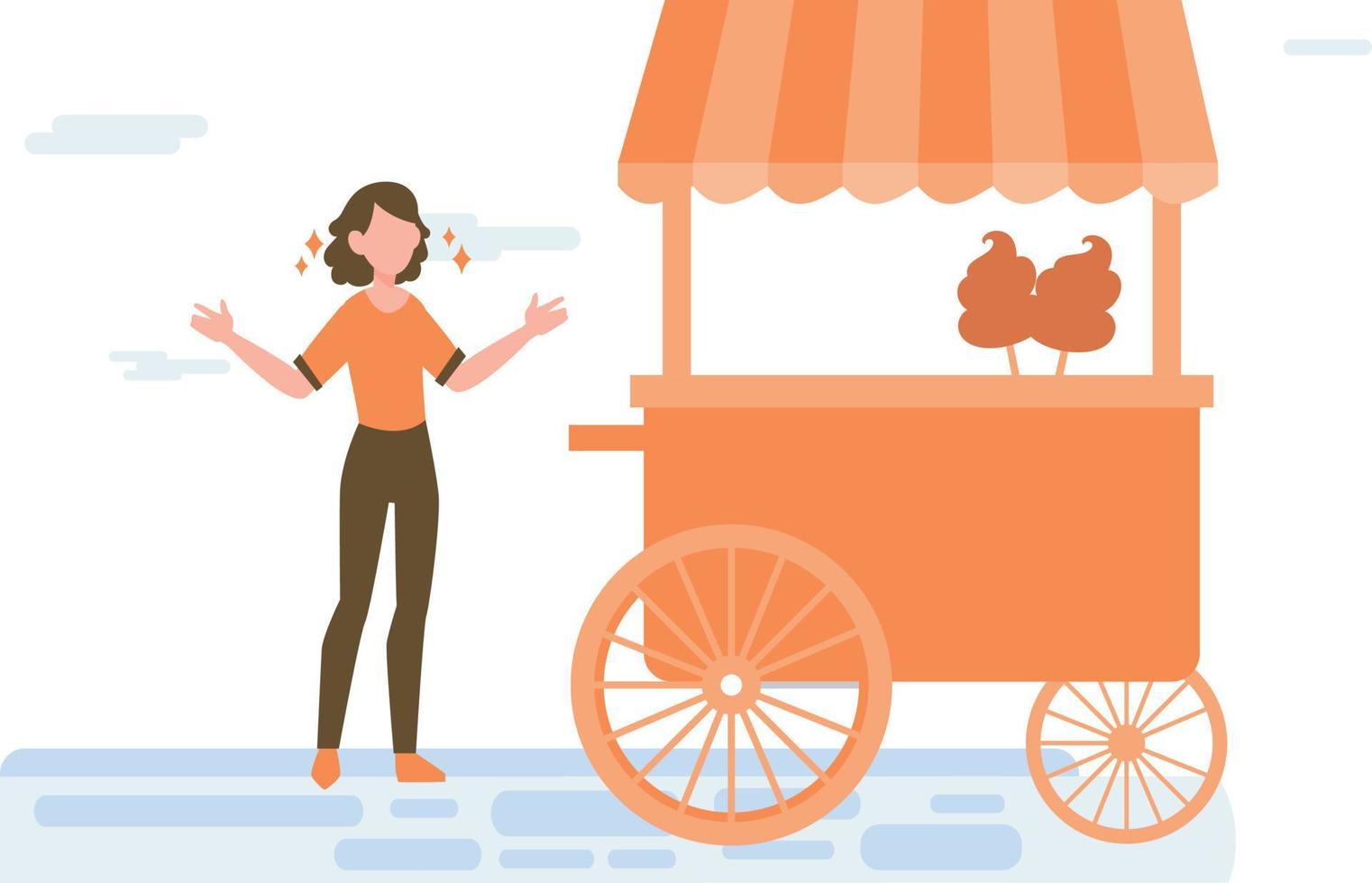 A girl standing near a food stall. vector