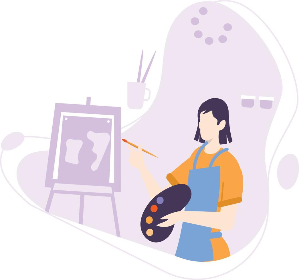 A female painter is doing paiting. vector