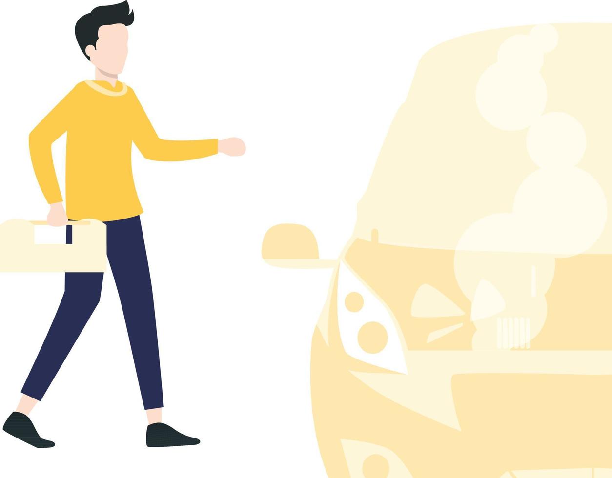 A man with tool kit going to repair car. vector