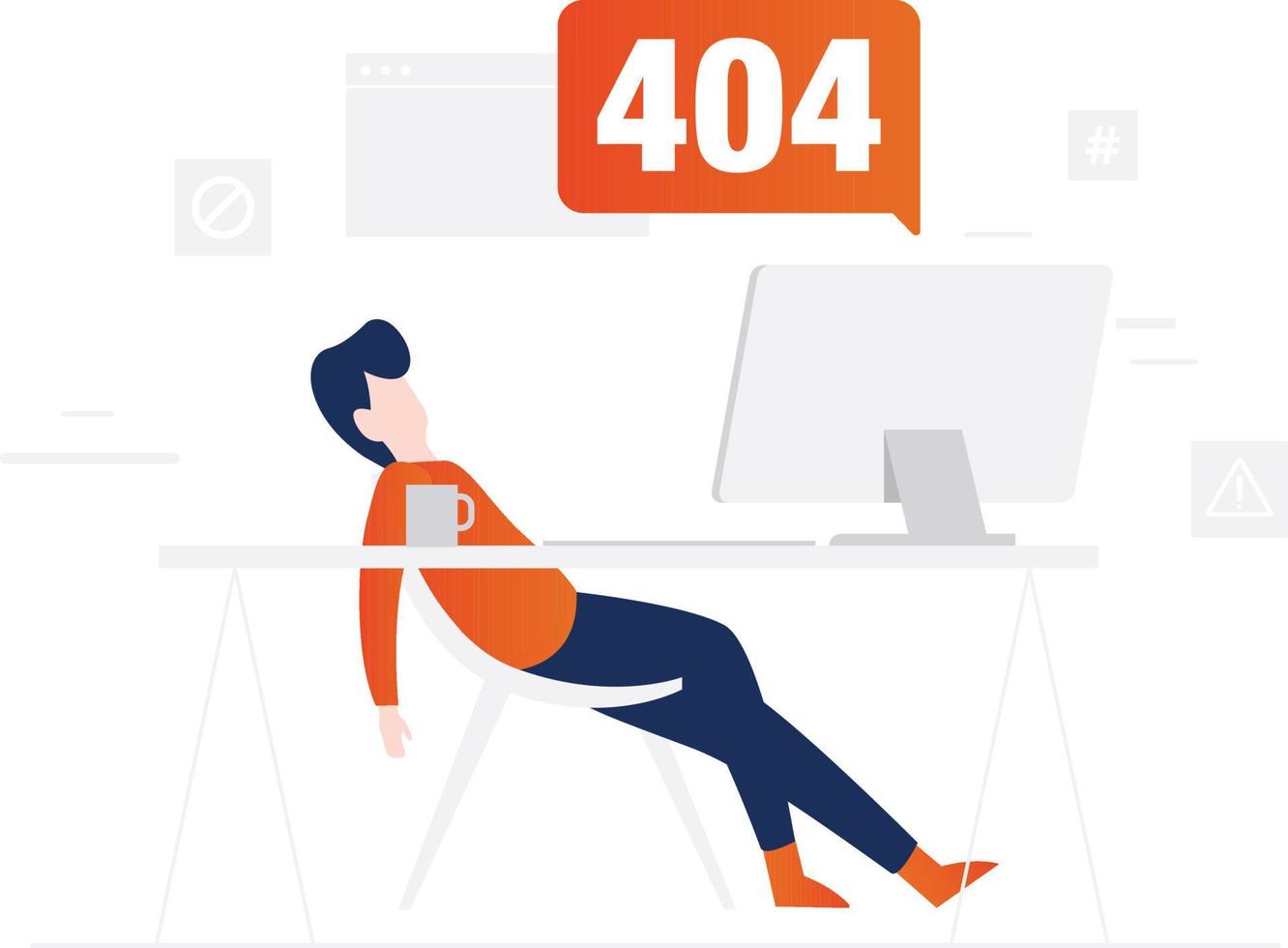 A boy sleep on chair with a 404 error screen. vector