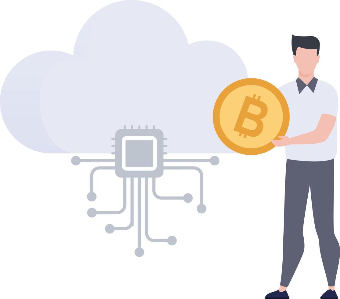 A boy with a bitcoin standing near a cloud computing network. vector