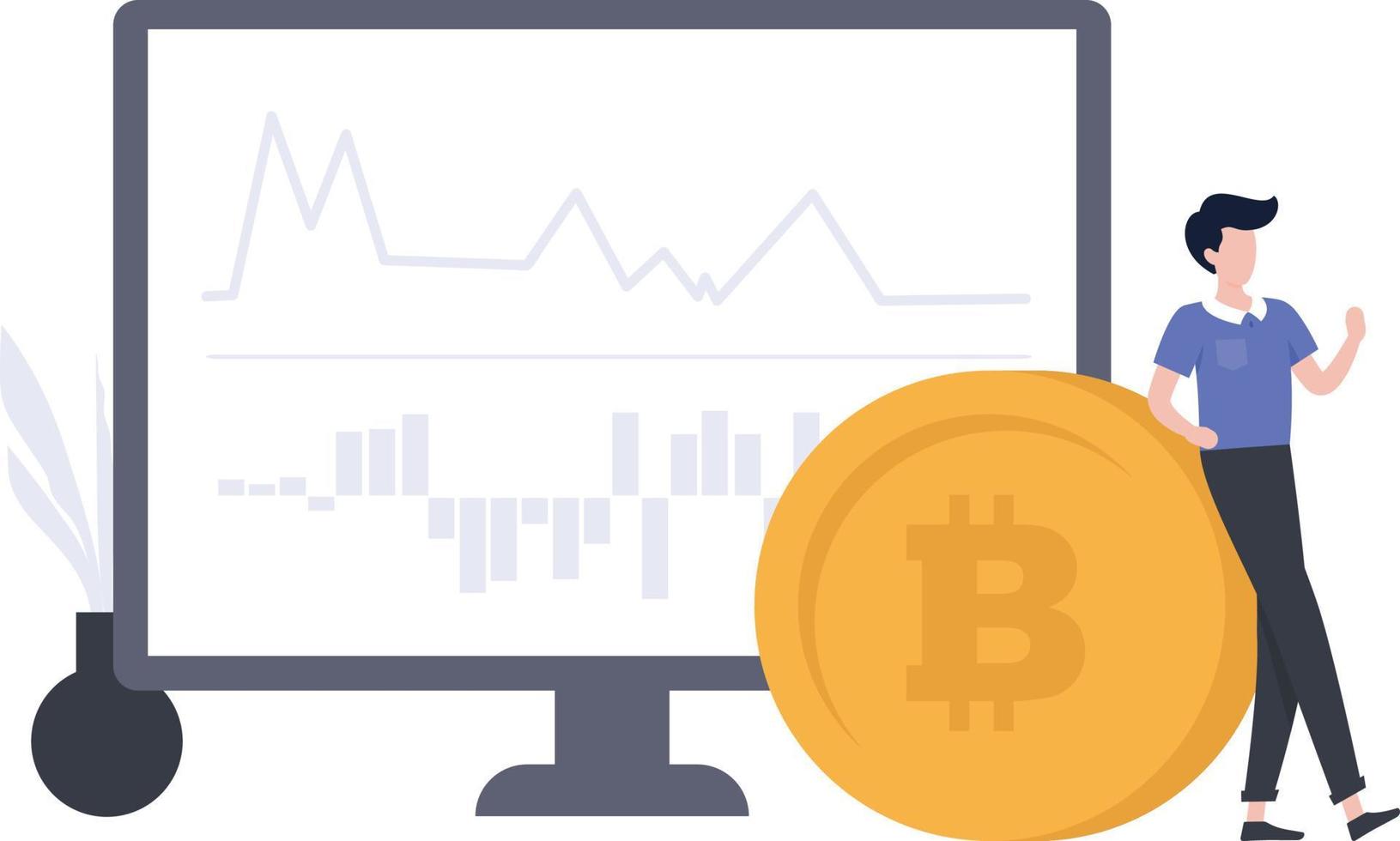 A boy standing with bitcoin. A graph and presentation of cryptocurrency showing on screen. vector