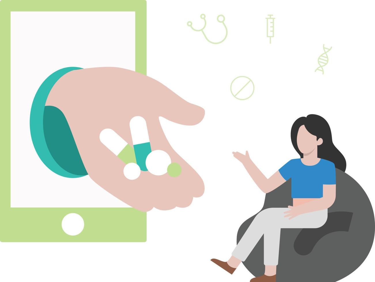 A girl taking medicines online. vector