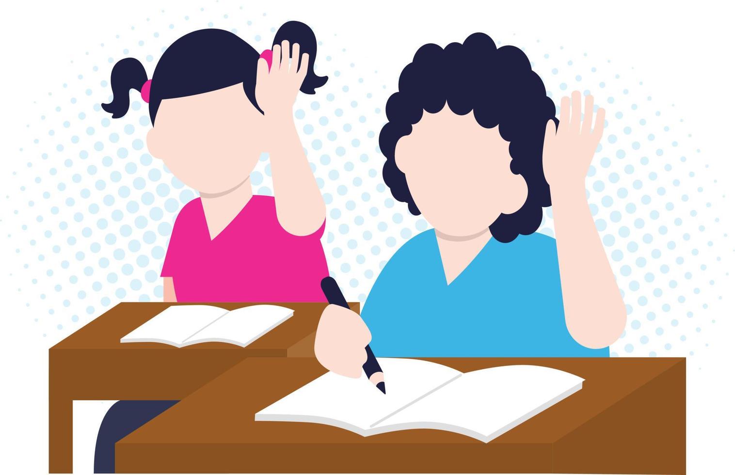 Two kids sitting on the desk raise their hands in the classroom. vector