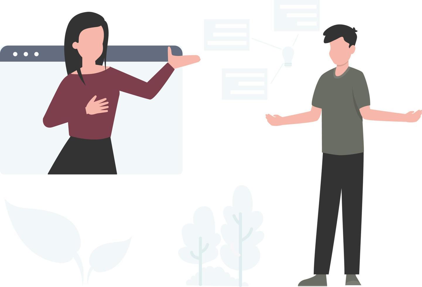 A boy is standing and a girl is on webpage and teach to the boy. vector