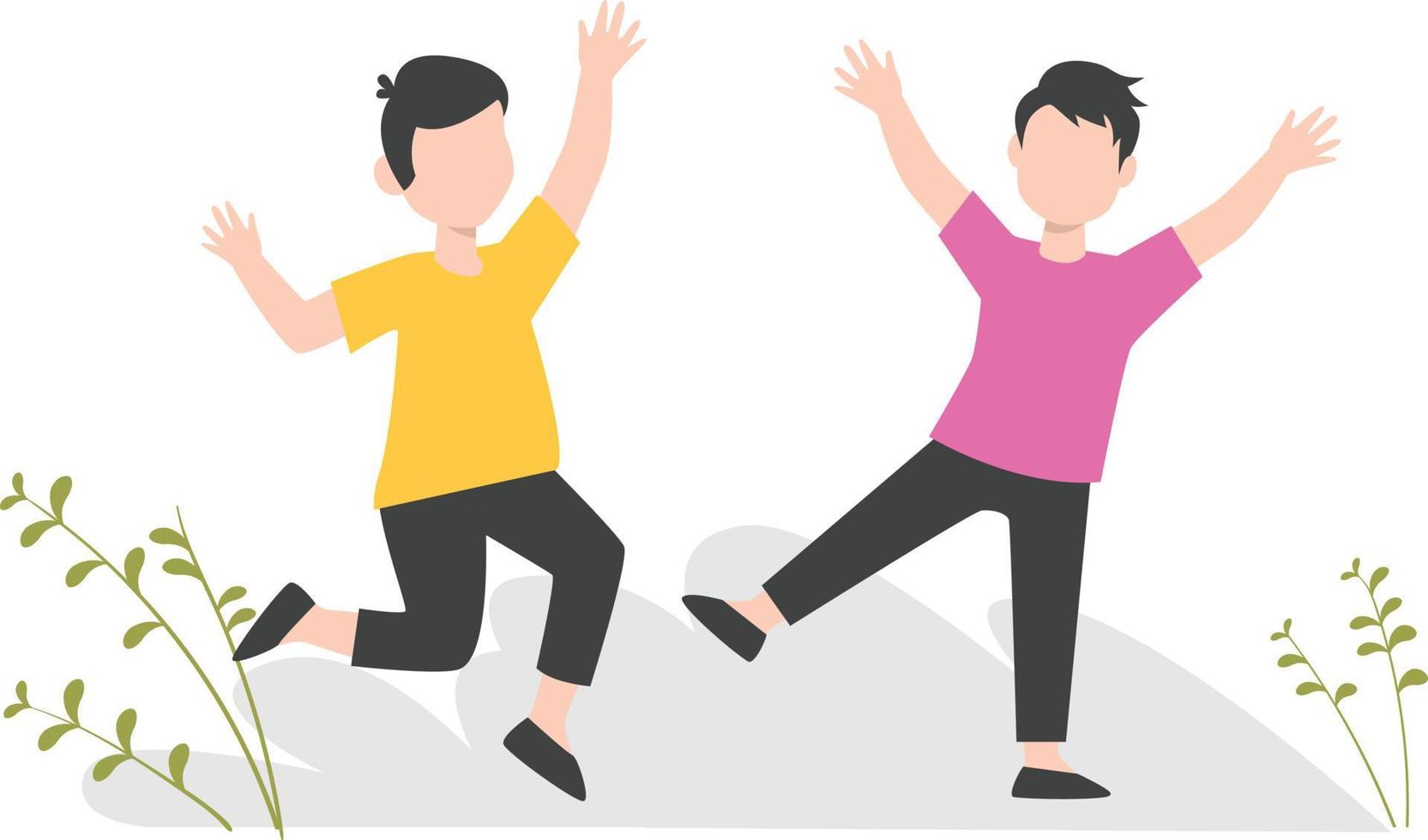 Two kids playing and dancing outdoor. vector