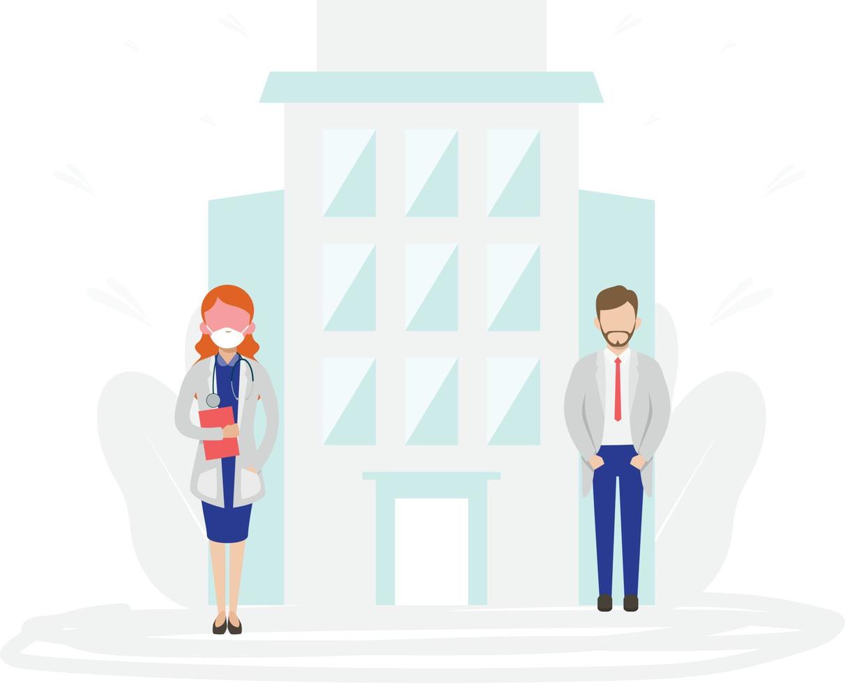 A female doctor and a man standing outside the hospital. vector