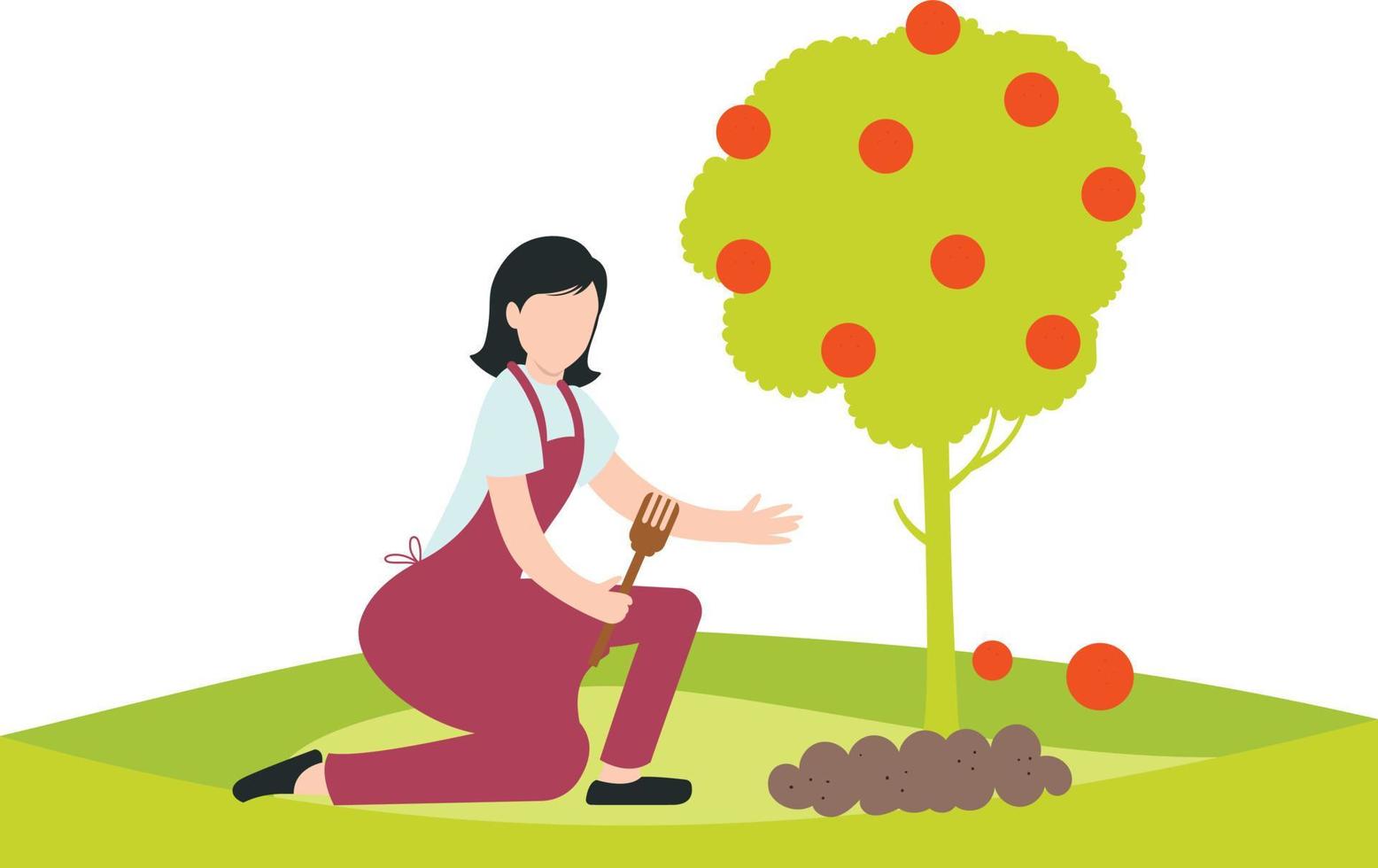 A girl digging a plant in a garden or a farm near a fruit tree. vector