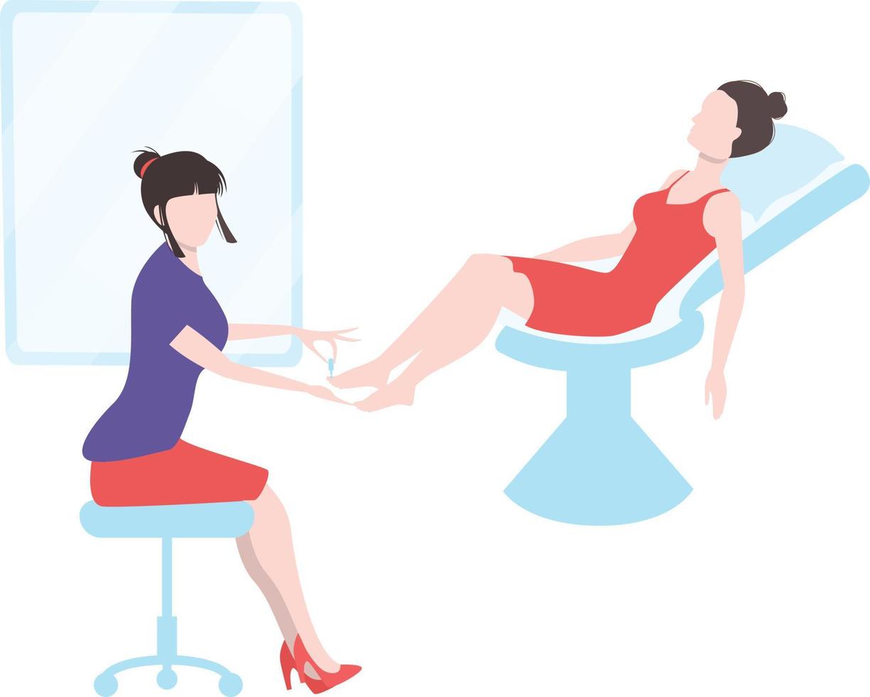 There are two girls, one doing pedicure and the other one relaxing on spa chair. vector