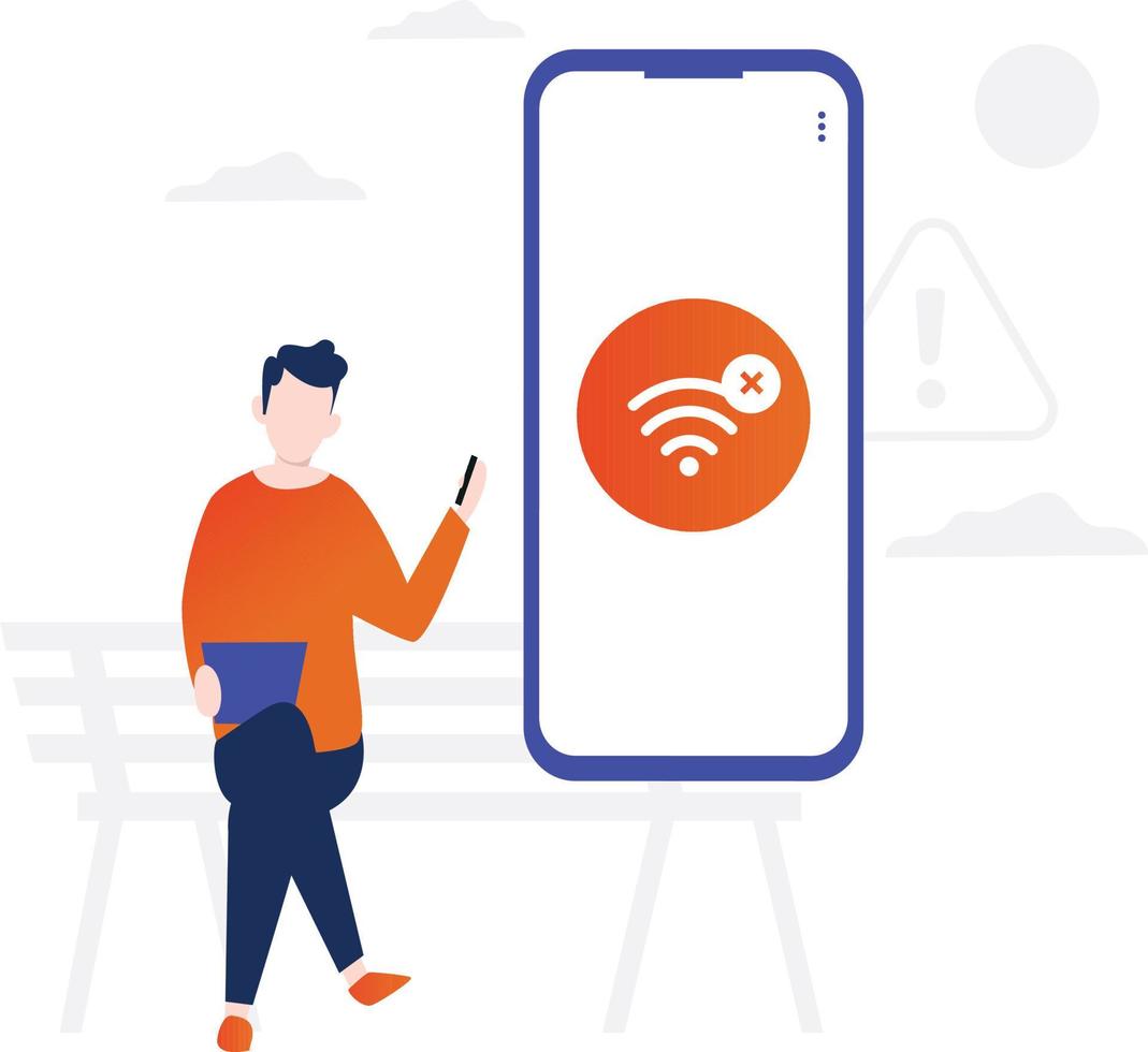 A boy sitting on a bench with no wifi connection. vector