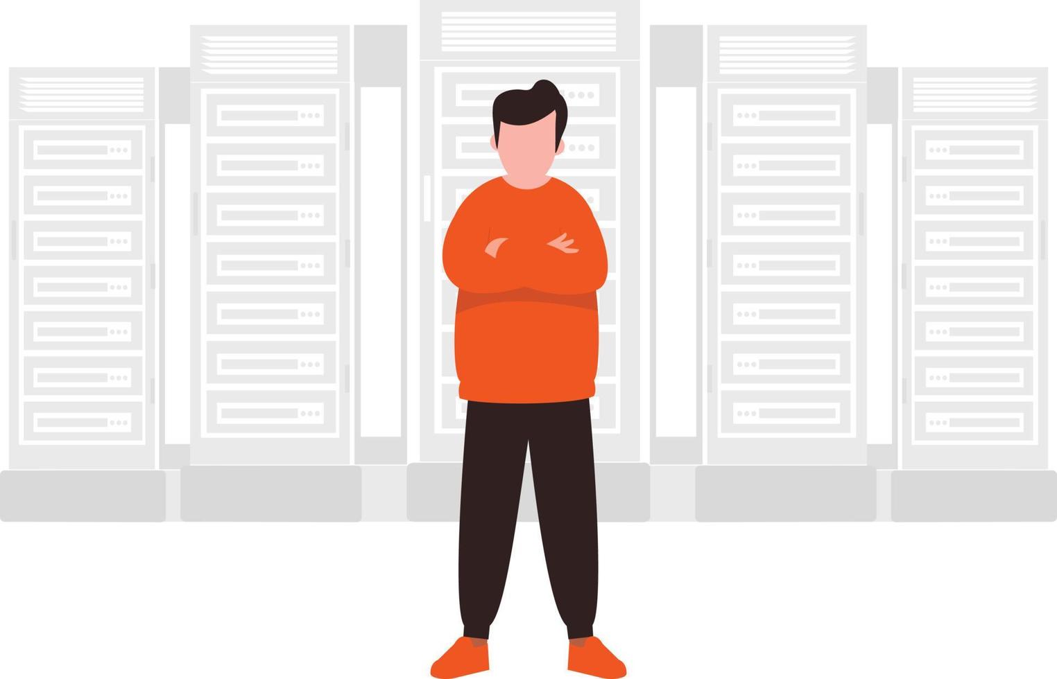 A man standing in front of database or server. vector