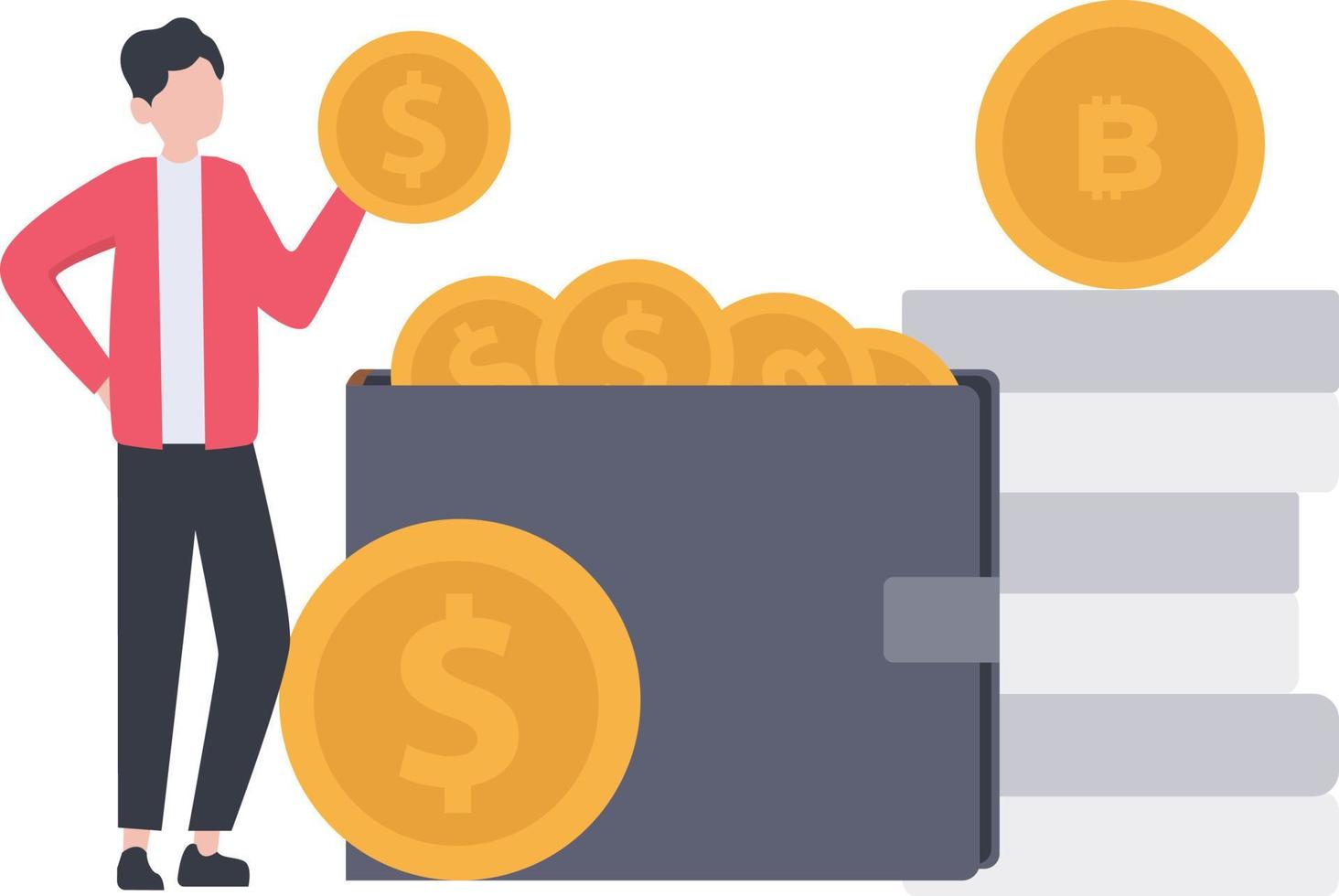 A boy holding a dollar coin from dollar wallet. vector