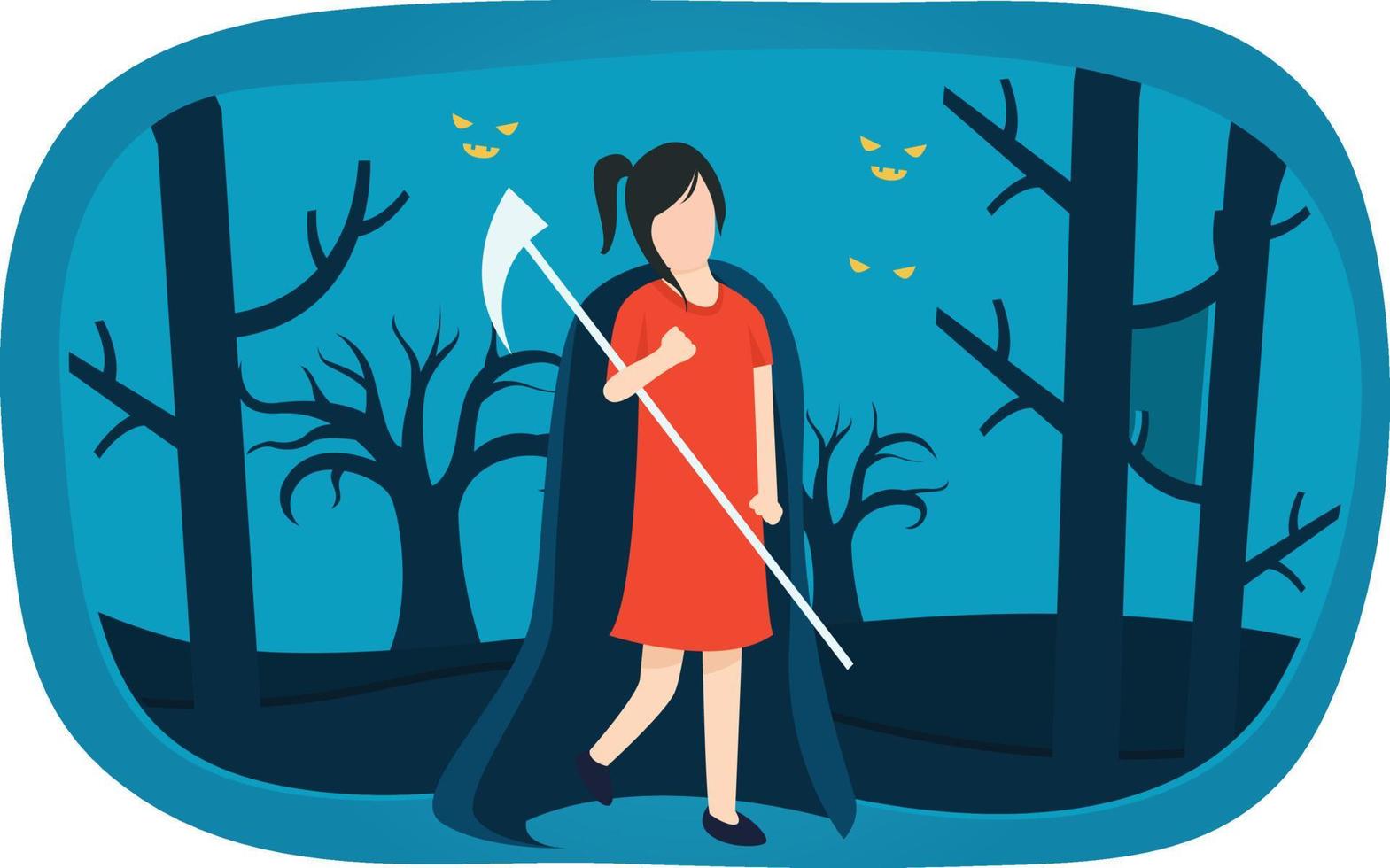 A girl wear halloween costume and standing with a scythe. vector